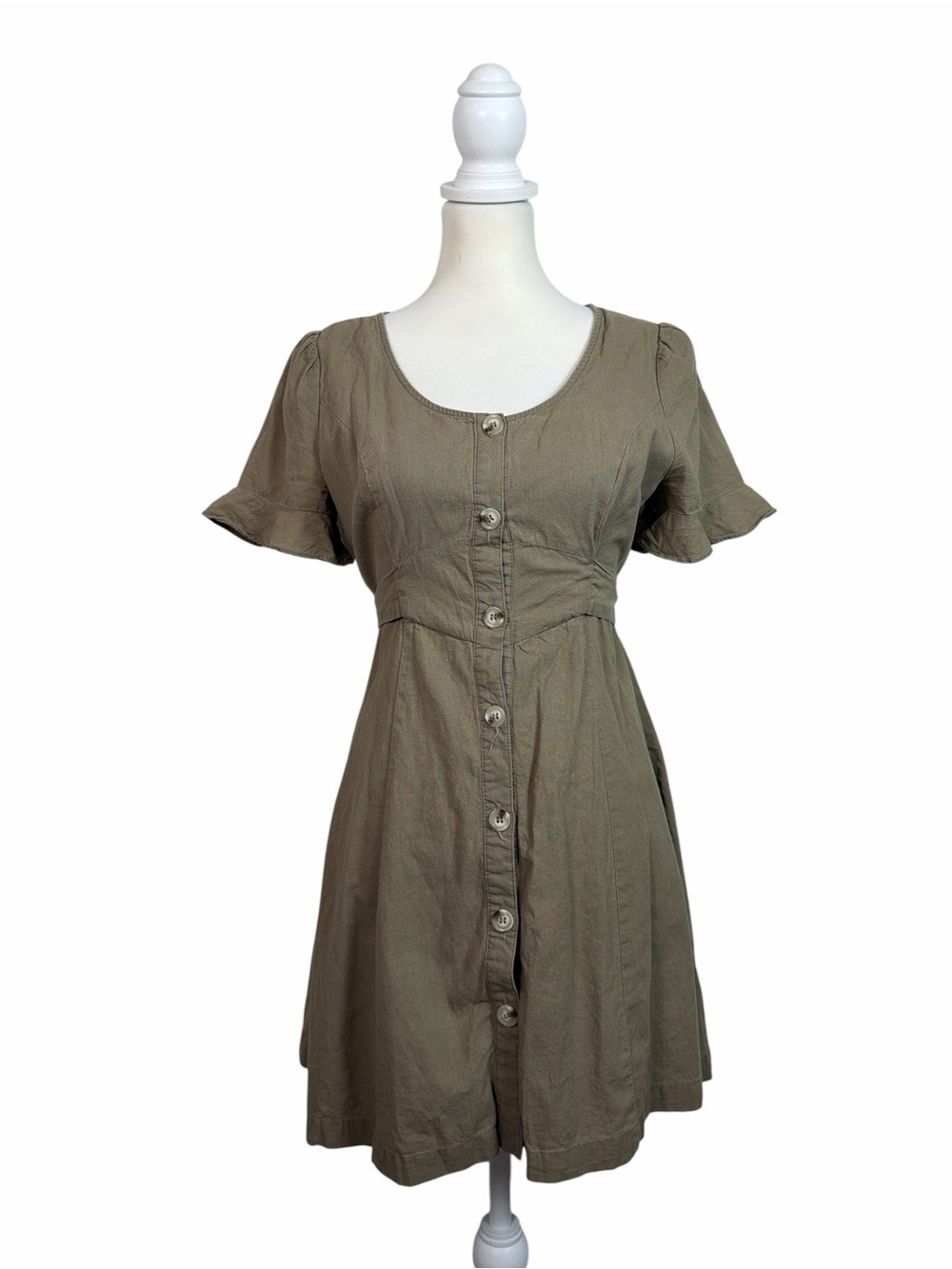 Altar’d State Medium Olive Cotton Button Front Dress Flutter Sleeve Tie Back